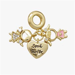 Copper Kids And Heart Pendant Pave Zirconia Painted Gold Plated, approx 12mm, 12-13mm, 10mm [FD18595]