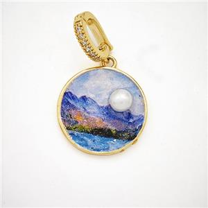 Picture Of Landscape Charms Copper Circle Pendant Pave Pearlized Resin Painted Gold Plated, approx 20mm, 8-12mm [FD18603]