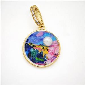 Picture Of Landscape Charms Copper Circle Pendant Pave Pearlized Resin Painted Gold Plated, approx 20mm, 8-12mm [FD18604]