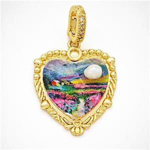 Picture Of Landscape Charms Copper Heart Pendant Pave Pearlized Resin Painted Gold Plated, approx 25-27mm, 8-12mm [FD18606]