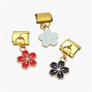 Stainless Steel Element For Module Bracelet With Copper Flower Pendant Enamel Gold Plated Mixed, approx 12mm, 9-10mm [FD18616]