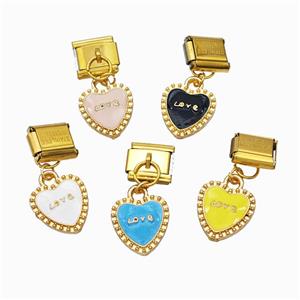 Stainless Steel Element For Module Bracelet With Copper Heart Pendant Enamel Gold Plated Mixed, approx 12.5mm, 9-10mm [FD18621]