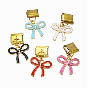 Stainless Steel Element For Module Bracelet With Copper Bowknot Pendant Enamel Gold Plated Mixed, approx 15.5-17.5mm, 9-10mm [FD18622]