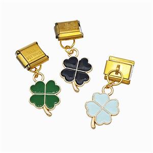 Stainless Steel Element For Module Bracelet With Copper Clover Pendant Painted Gold Plated Mixed, approx 12-14mm, 9-10mm [FD18624]