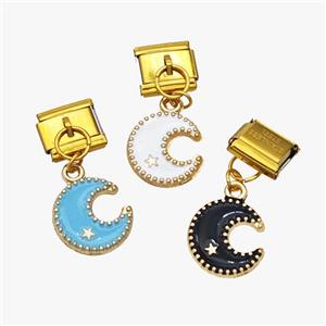 Stainless Steel Element For Module Bracelet With Copper Moon Pendant Enamel Gold Plated Mixed, approx 12-13.5mm, 9-10mm [FD18627]