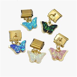 Stainless Steel Element For Module Bracelet With Copper Butterfly Pendant Pave Fireopal Gold Plated , approx 10-16mm, 9-10mm [FD18649]