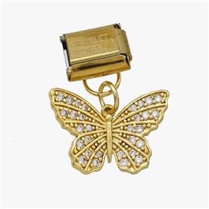 Stainless Steel Element For Module Bracelet With Copper Butterfly Pendant Pave Zirconia Gold Plated, approx 12-18mm, 9-10mm [FD18661]