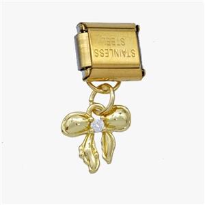 Stainless Steel Element For Module Bracelet With Copper Bow Pendant Pave Zirconia Gold Plated, approx 10.5mm, 9-10mm [FD18663]
