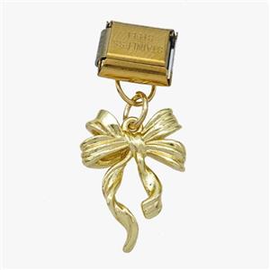 Stainless Steel Element For Module Bracelet With Copper Bowknot Pendant Pave Zirconia Gold Plated, approx 13-20mm, 9-10mm [FD18665]
