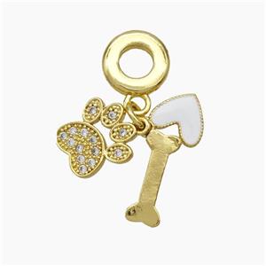 Copper Dogbone Paw Heart Pendant Pave Zirconia White Enamel 18K Gold Plated, approx 11mm, 8mm, 6-14mm [FD18788]
