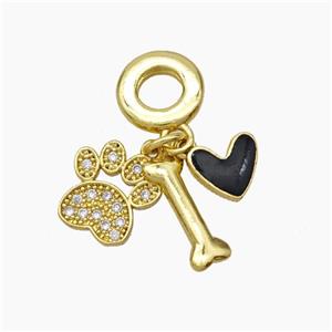 Copper Dogbone Paw Heart Pendant Pave Zirconia Black Enamel 18K Gold Plated, approx 11mm, 8mm, 6-14mm [FD18789]