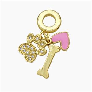 Copper Dogbone Paw Heart Pendant Pave Zirconia Pink Enamel 18K Gold Plated, approx 11mm, 8mm, 6-14mm [FD18790]