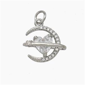 Copper Moon Pendant Pave Zirconia Heart Platinum Plated, approx 13-14mm [FD18999]
