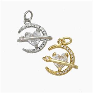 Copper Moon Pendant Pave Zirconia Heart Mixed, approx 13-14mm [FD19001]