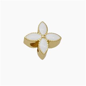 Copper Clover Beads White Enamel Large Hole Gold Plated, approx 13mm, 4mm hole [FD19096]