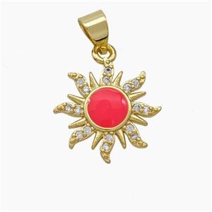 Copper Sun Pendant Pave Zirconia Red Enamel Gold Plated, approx 15mm [FD19104]