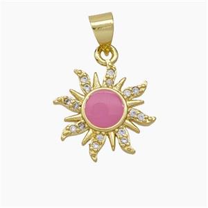 Copper Sun Pendant Pave Zirconia Pink Enamel Gold Plated, approx 15mm [FD19105]