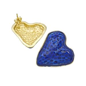 Copper Heart Stud Earrings Blue Painted Gold Plated, approx 25mm [FD19143]
