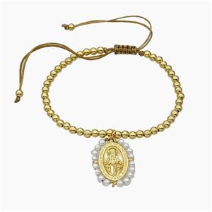 Copper Bracelet With Jesus Pave Pearlized Resin Adjustable Gold Plated, approx 20-25mm, 4mm [FD19182]