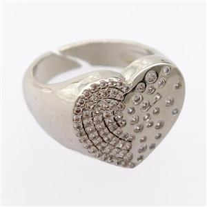 copper Rings pave zircon, resizable, heart, platinum plated, approx 15-17mm, 17mm dia [FD20012]