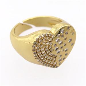 copper Rings pave zircon, resizable, heart, gold plated, approx 15-17mm, 17mm dia [FD20013]