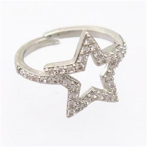 copper Rings pave zircon, resizable, star, platinum plated, approx 17mm, 17mm dia [FD20034]