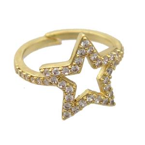 copper Rings pave zircon, resizable, star, gold plated, approx 17mm, 17mm dia [FD20036]