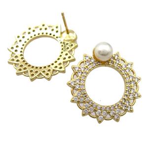 copper Studs Earrings pave zircon, gold plated, approx 22mm dia [FD20057]