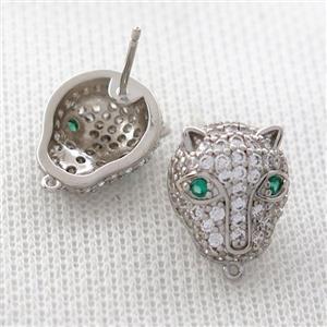 copper Studs Earrings pave zircon, foxhead, platinum plated, approx 13-15mm [FD20058]