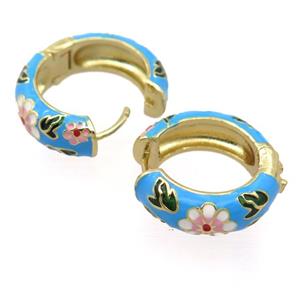 copper Hoop Earrings with blue enameled, gold plated, approx 25mm dia [FD20073]