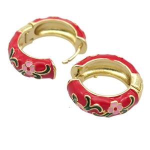 copper Hoop Earrings with red enameled, gold plated, approx 25mm dia [FD20074]