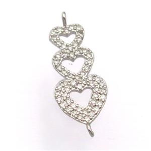 copper heart connector pave zircon, platinum plated, approx 10-20mm [FD20098]
