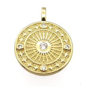 copper circle pendant pave zircon, gold plated, approx 20mm dia [FD20112]