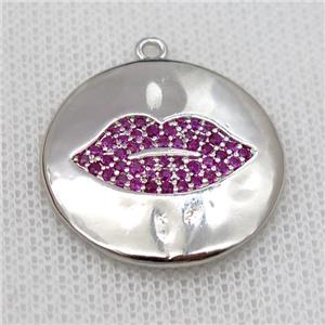 copper circle lip pendant pave zircon, platinum plated, approx 24mm dia [FD20117]