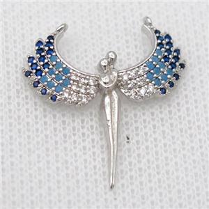 copper pendant pave zircon, angel wings, platinum plated, approx 24-26mm [FD20123]