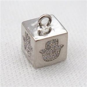 copper cube pendant pave zircon, hamsahand, platinum plated, approx 12mm [FD20126]
