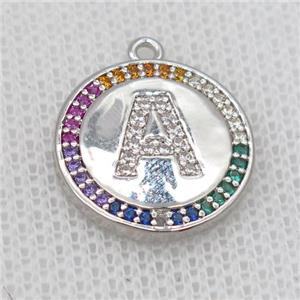 copper circle pendant pave zircon, letter, platinum plated, approx 16mm dia [FD20173]