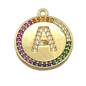 copper circle pendant pave zircon, letter, gold plated, approx 16mm dia [FD20174]