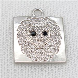 copper square pendant pave zircon, lionHead, platinum plated, approx 20x20mm [FD20188]
