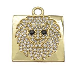copper square pendant pave zircon, lionHead, gold plated, approx 20x20mm [FD20189]