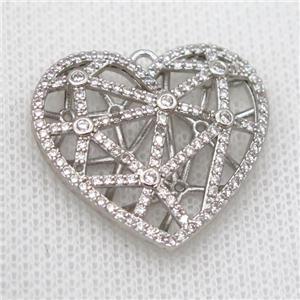 copper heart pendant pave zircon, hollow, platinum plated, approx 27-28mm [FD20194]