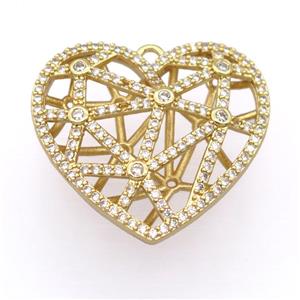 copper heart pendant pave zircon, hollow, gold plated, approx 27-28mm [FD20195]