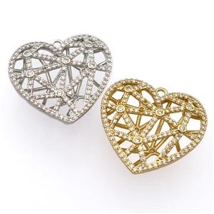 copper heart pendant pave zircon, hollow, mixed, approx 27-28mm [FD20196]