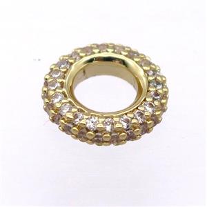copper rondelle beads pave zircon, gold plated, approx 12mm, 7mm hole [FD20226]