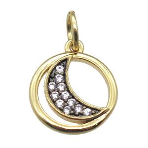 copper circle moon pendant paved zircon, gold plated, approx 11mm dia [FN15732]
