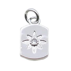copper rectangle pendant paved zircon with flower, platinum plated, approx 8-11mm [FN15733]