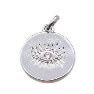 copper circle pendant paved zircon with eye, platinum plated, approx 13mm dia [FN15738]