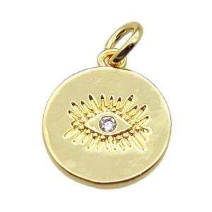 copper circle pendant paved zircon with eye, gold plated, approx 13mm dia [FN15739]