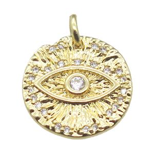 copper circle pendant paved zircon with eye, gold plated, approx 15mm dia [FN15740]