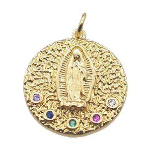 copper circle pendant paved zircon with Virgin Mary, gold plated, approx 20mm dia [FN15747]